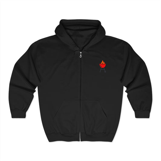 "BBQ Kettle" zip hoodie. Two sided